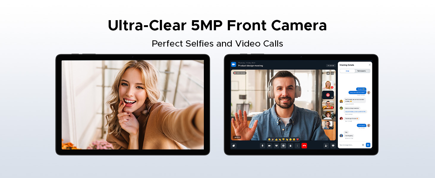 Text reads: 'Ultra-Clear 5MP Front Camera' and 'Perfect Selfies and Video Calls'. Two rectangular devices displayed showing front camera usage in video calling and selfie scenarios on light background.