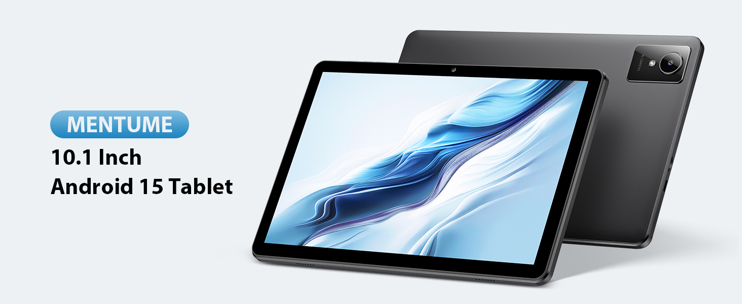 Text reads 'MENTUME 10.1 Inch Android 15 Tablet'. Product images showing a slim tablet device from multiple angles with blue-tinted screen display.