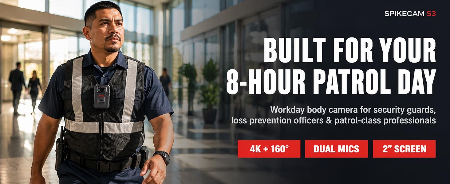 Text reads 'BUILT FOR YOUR 8-HOUR PATROL DAY' with 'Worldside body camera for security guards, loss prevention officers & permit class professionals' and specifications '4K + 360°', 'DUAL MICS', '2° SCREEN'. Male security guard wearing tactical vest in urban setting.