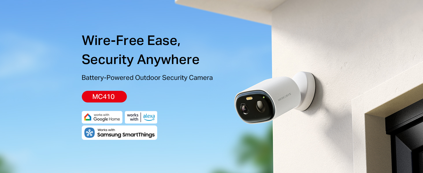 Text reads 'Wire-Free Ease, Security Anywhere' and 'Starry Wireless Outdoor Security Camera' with product call-to-action. White wireless camera mounted on exterior wall against nature backdrop.