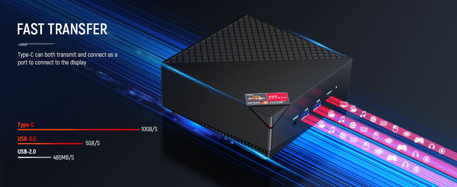 Black electronic device with 'Fast Transfer' feature showing blue light trails and red LED indicators against dark background.