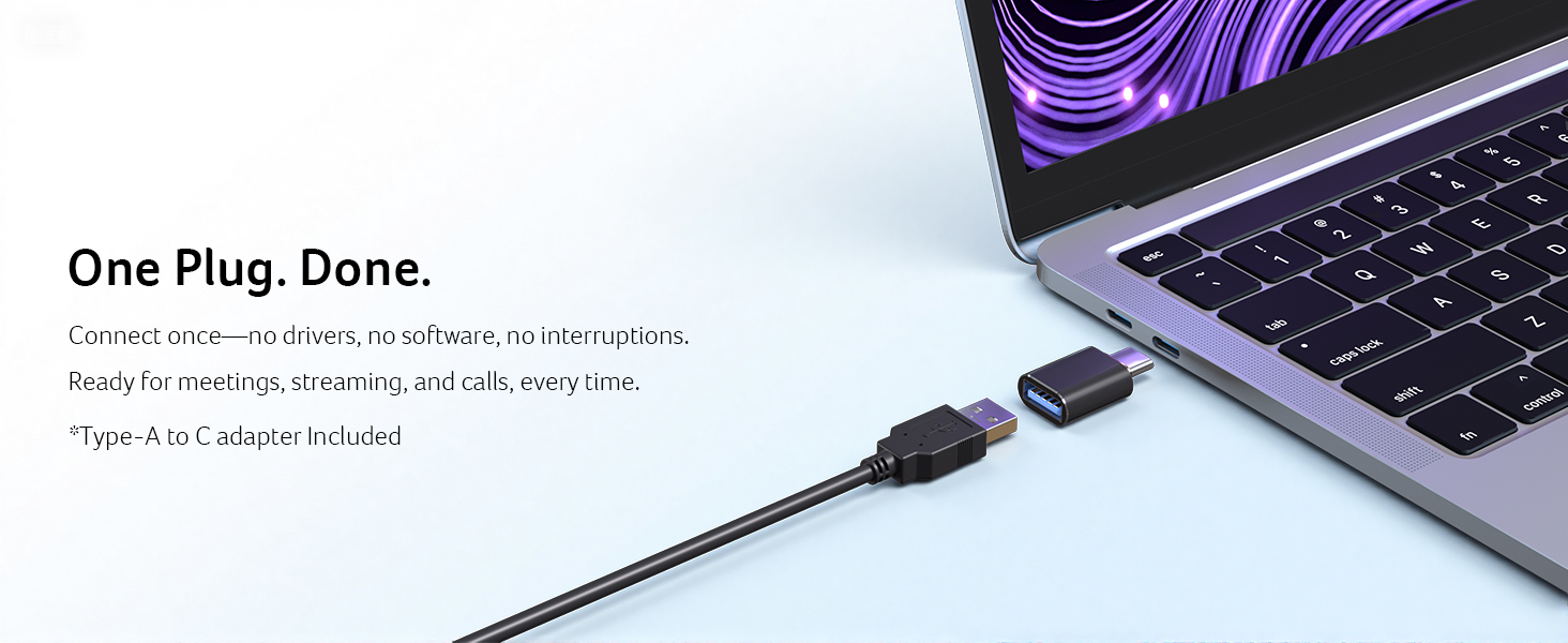 Text reads 'One Plug. Done.' with subtext about universal compatibility. USB-C charging cable with adapter connector displayed next to laptop port.