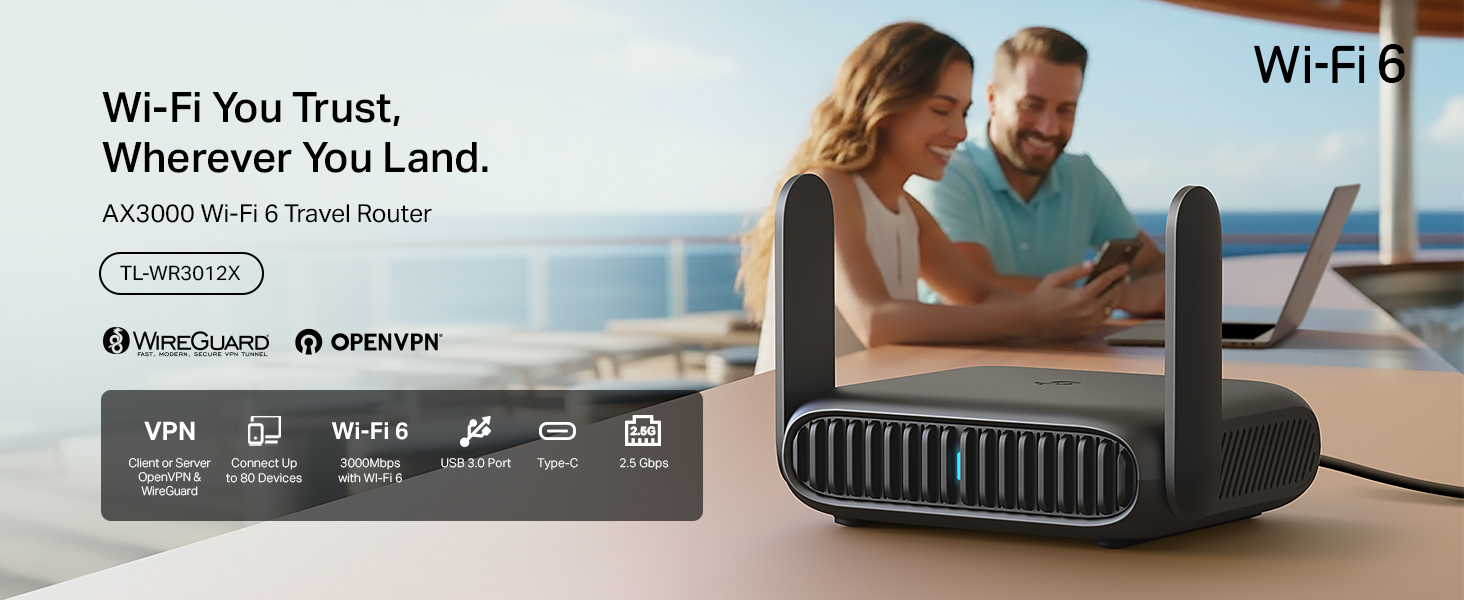 Text reads 'Wi-Fi You Trust, Wherever You Land' and 'AX3000 Wi-Fi 6 Travel Router'. ASUS Wi-Fi 6 travel router with dual antennas, black finish, displayed on desk with two people using laptops in background overlooking ocean view.