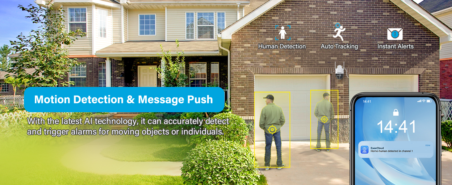 Text reads 'Motion Detection & Message Push'. Series of surveillance camera interface screenshots showing home security monitoring with outdoor views and temperature display showing '14°41'.
