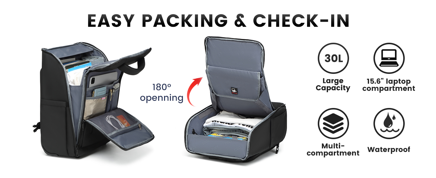 Text reads 'EASY PACKING & CHECK-IN'. Product diagram showing foldable and portable features of what appears to be a travel or storage item.