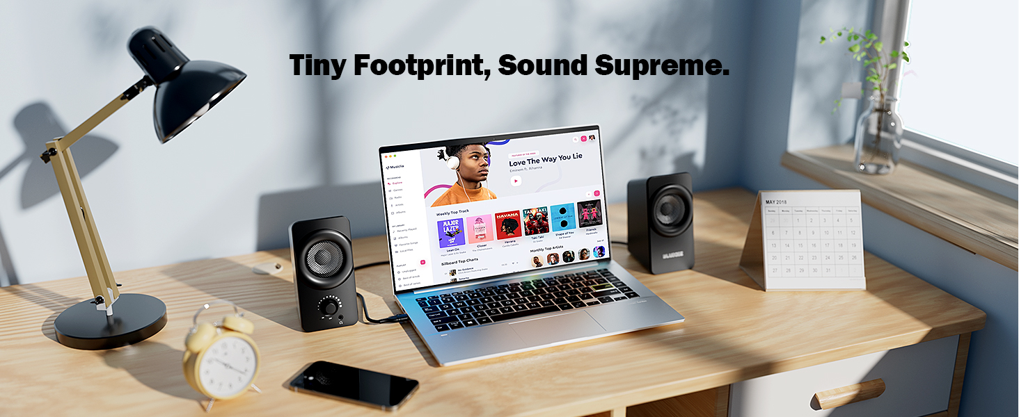 Two black portable speakers with WiFi, Bluetooth, and charging icons displayed below. Features include WiFi connectivity, AUX input, power button, charging capability, and additional functions indicated by icon symbols.