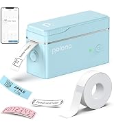 Mint green Polang thermal label printer with companion smartphone app, showing printed labels and label tape roll. Compact device features wireless connectivity for mobile printing.