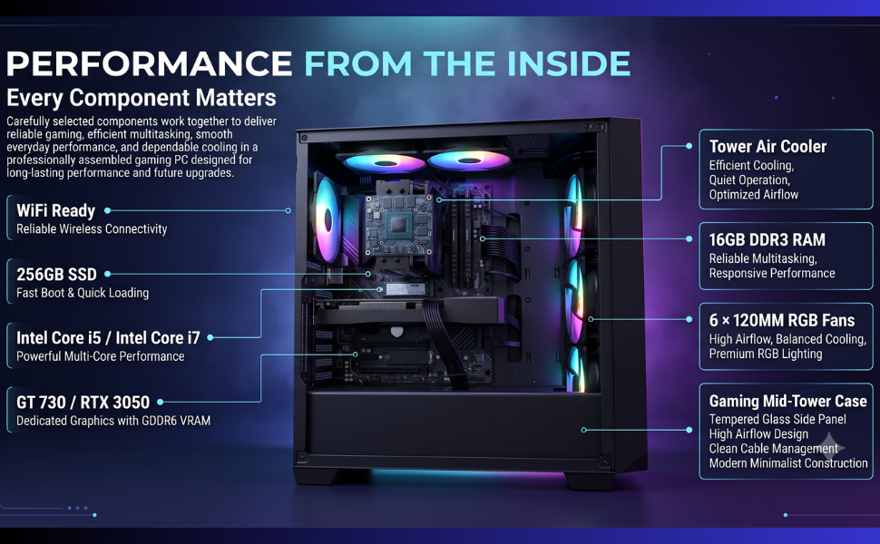 Text reads 'PERFORMANCE FROM THE INSIDE', 'Every Component Matters', 'WiFi-ready', '256GB SSD', 'Dual-core 6 + Quad-core 2', 'DDR / RTX 3060'. Computer tower interior with RGB lighting and component labels on dark blue background.