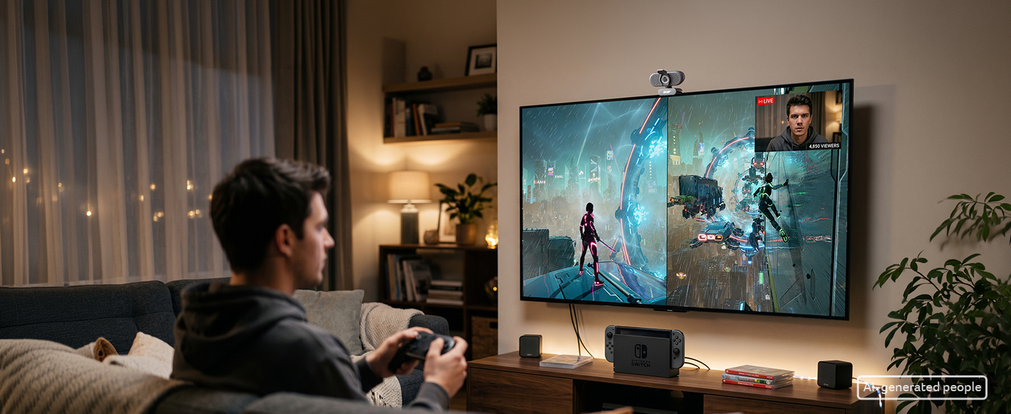 Person viewing split-screen display on wall-mounted monitor in darkened room with warm lighting, plants, and desk setup visible.