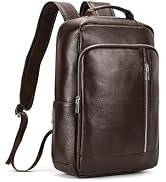 Dark brown leather duffel bag with dual handles, front pocket, and detachable shoulder strap. Multiple compartments with brass hardware and piping trim.