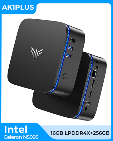 Text reads 'AKIPLUS', 'Intel', 'N5030', '12GB DDR4+256GB'. Black rectangular computer case with blue accent stripe and silver lightning bolt icon on front.