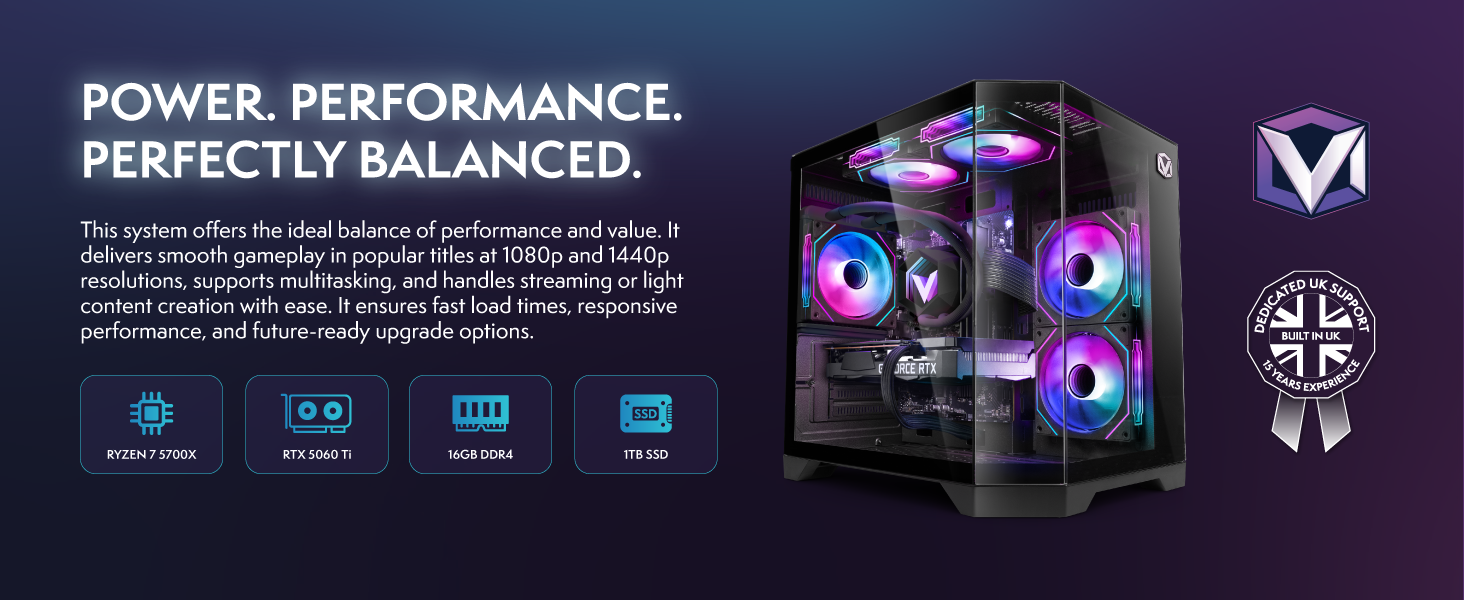 Text reads 'POWER, PERFORMANCE, PERFECTLY BALANCED.' Gaming PC promotional banner with RGB fans, cooling system icons and technical specifications.