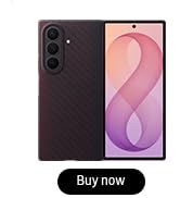 Text reads 'Buy now'. Samsung foldable device displaying beige/tan gradient screen shown in closed position against white background with partial product text visible.