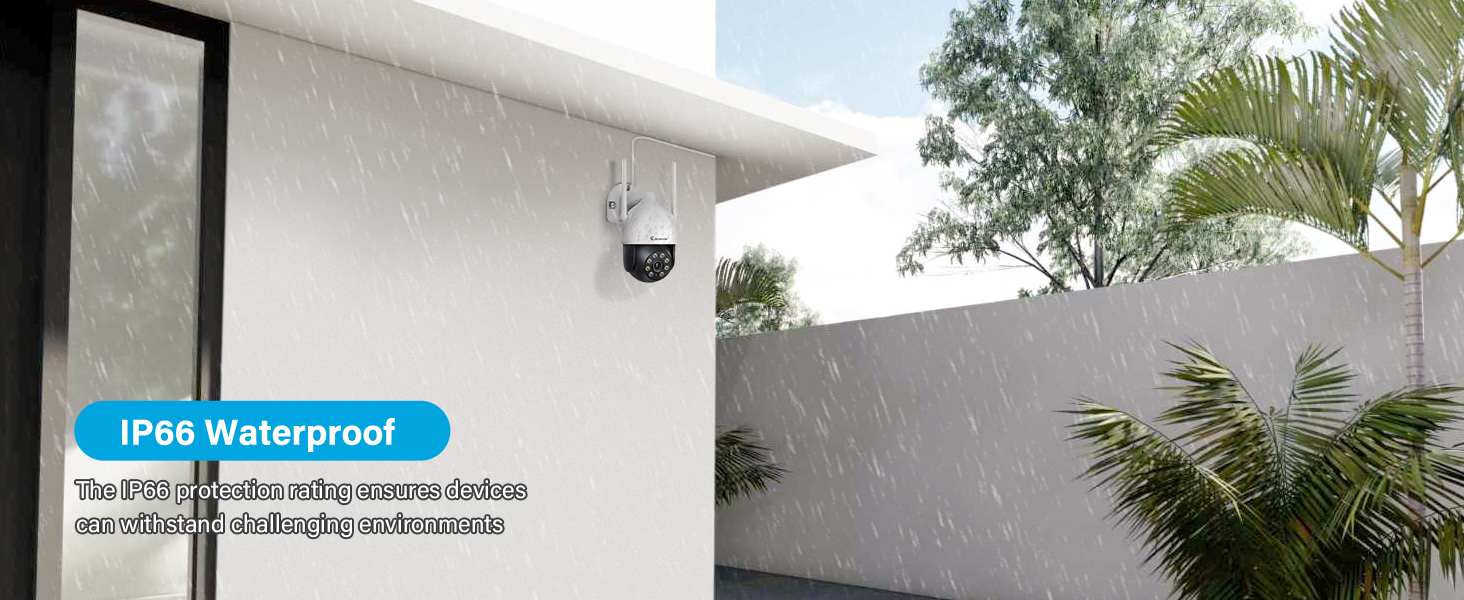 Text reads: 'IP65 Waterproof'. Security camera mounted on white exterior wall corner with trees visible in background.
