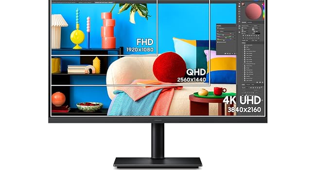 Text reads '4K UHD', 'HDR', 'Iony Collection', 'Ergonomic Design', 'Eye Scroll Mode'. Black product specifications banner showing 'Samsung Display Manager', 'Recycled Materials', 'Multiple Connectivity'.