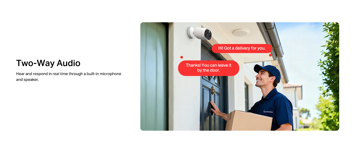 Text reads 'Two-Way Audio'. Image shows a doorbell or intercom device mounted on exterior wall with person using it; demonstrates two-way communication capability for home security/entry system.