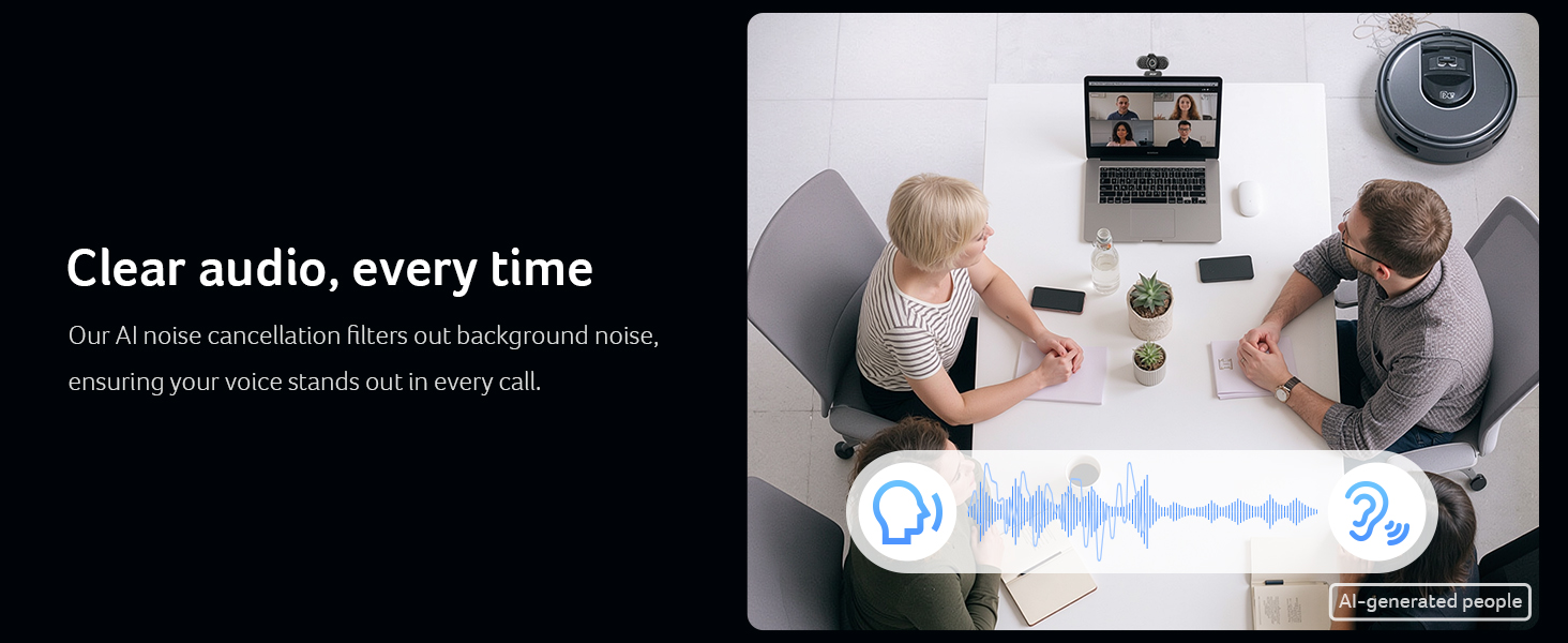 Text reads 'Clear audio, every time' with subtext about sound quality. Split panel showing elderly couple using device and product close-up.