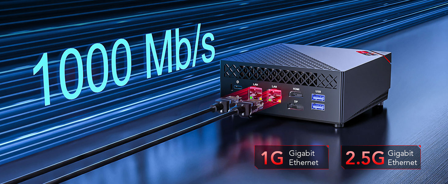 High-speed network device displaying '1000 Mb/s' in blue neon. Shows '1G' and '2.5G' indicators, suggesting multiple connection speeds.