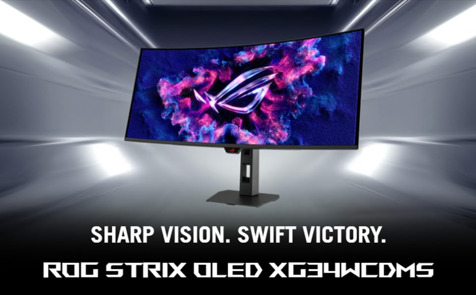 Text reads 'SHARP VISION. SWIFT VICTORY.' and 'ROG STRIX OLED XG34HCDM5'. Gaming monitor display showcasing dark environment with purple and blue lighting effects.