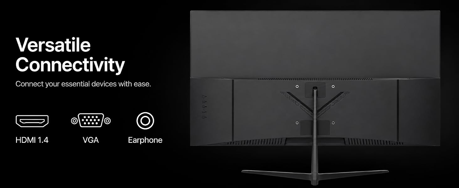 Text reads 'Versatile Connectivity' and 'Made for all conditions.' Black product display with connectivity icons showing HDMI, USB ports, and other interface options, with dual monitor mounting configuration.