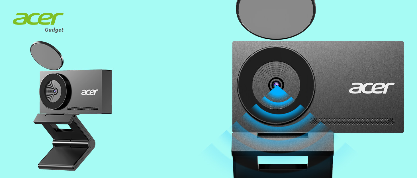 Text reads 'acer' (appears twice). Two black webcam devices with blue accent rings shown against turquoise background - one compact model with stand, one larger monitor-mounted model.