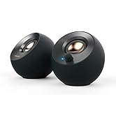 Black spherical audio speakers with copper-colored centers, shown from multiple angles with blue accent lighting beneath.