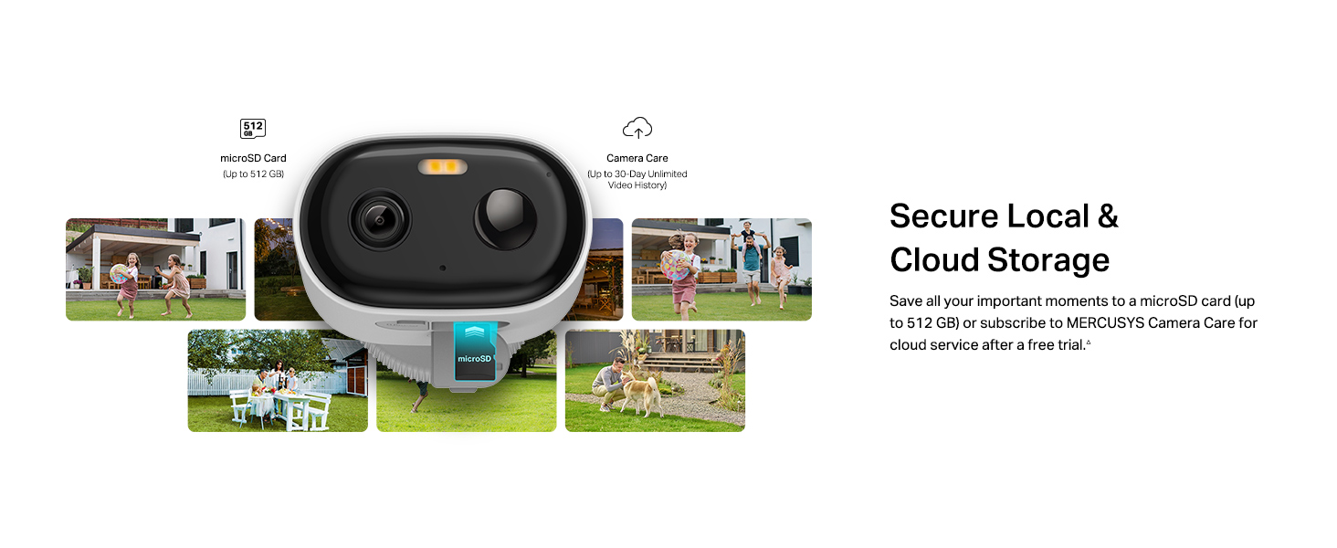 Text reads 'Secure Local & Cloud Storage'. Black oval security camera device with dual lenses shown with home surveillance installation photos and monitoring interface.