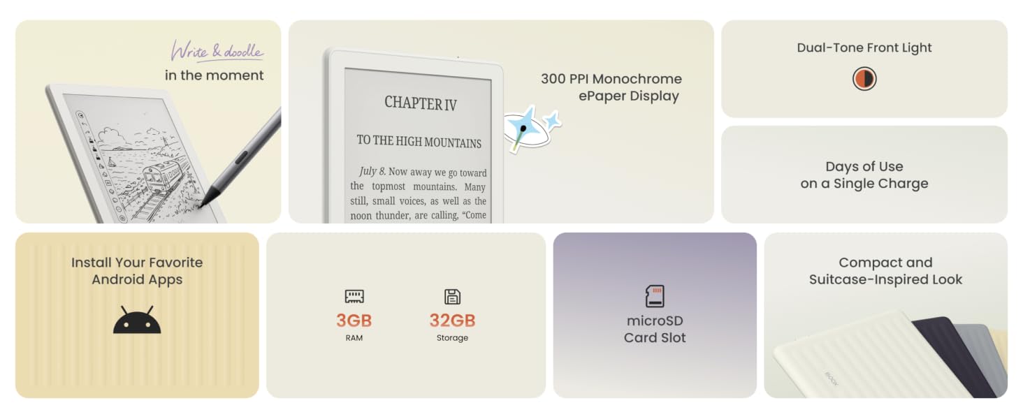 Product layout showing multiple items: notepad, instruction cards, purple rectangular device, and black stylus/pen with various informational graphics and text elements arranged on white background.