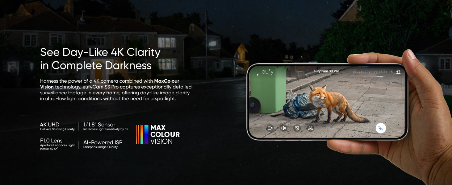 Smartphone display showing 4K clarity demo with fox footage and technical specifications overlay on dark background.
