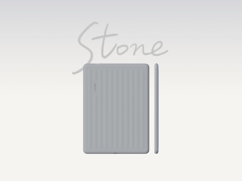 Text reads 'Stone.' Gray rectangular portable dryer unit with ribbed texture, shown from front angle against white background.