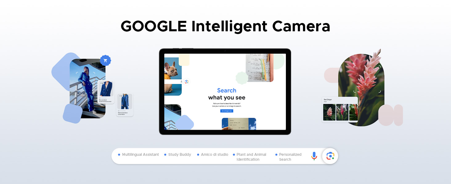 Text reads 'GOOGLE Intelligent Camera'. Product display showing camera device, smartphone displaying interface, and person's face, representing Google's intelligent camera system and connectivity features.