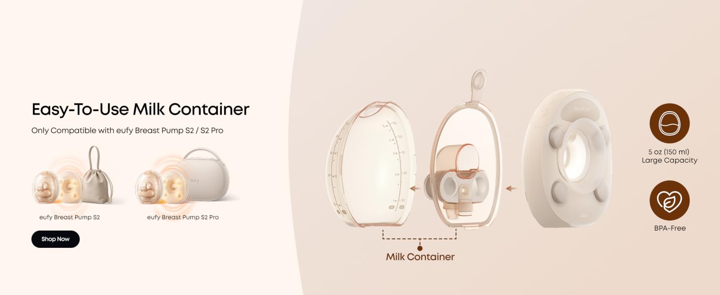 Text reads 'Easy-To-Use Milk Container' with subtitle text below. Product display showing milk container components including white cylindrical vessel with measurement markings, beige/tan colored lid and base pieces, and brown circular hardware elements.