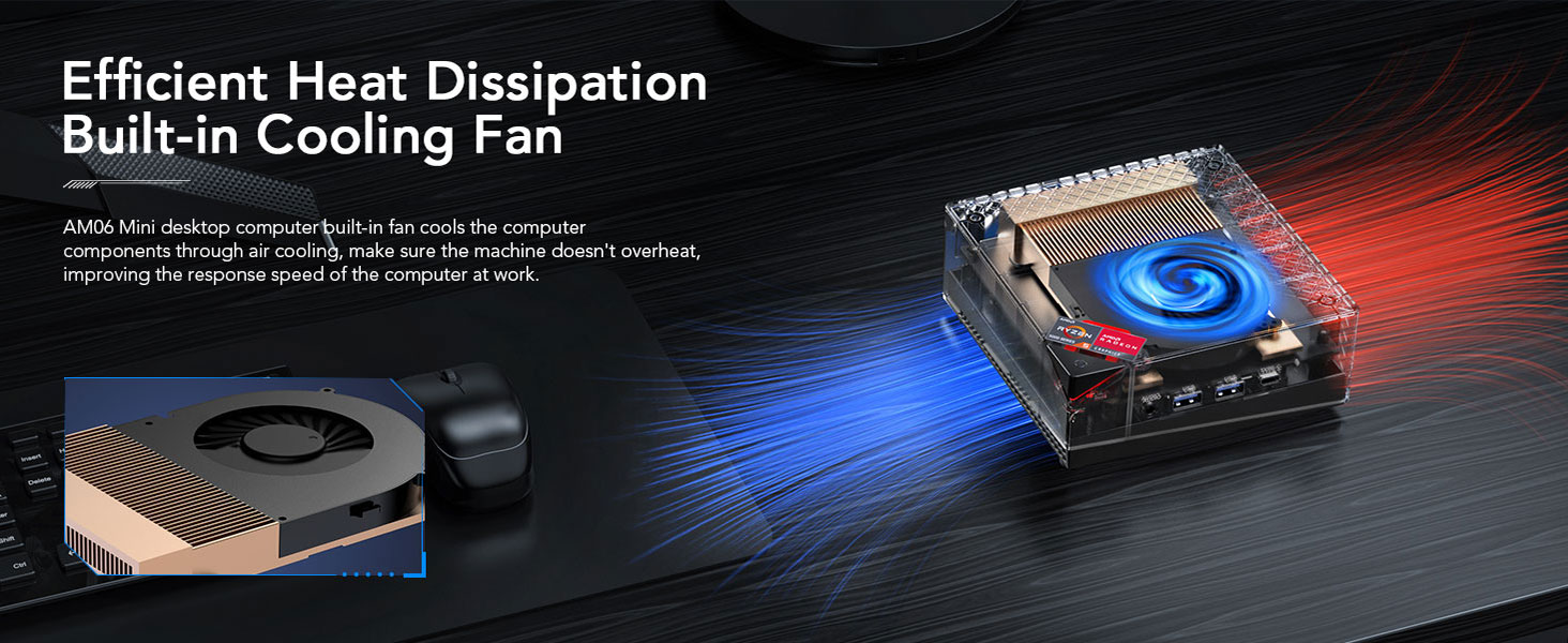 Computer hardware component showcasing efficient heat dissipation with built-in cooling fan. Image displays a microchip with glowing blue light and heat visualization.