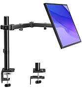 Dual-monitor stand with black vertical pole and base, featuring blue decorative wave graphic on mounted screen displays, adjustable arms holding two monitors.