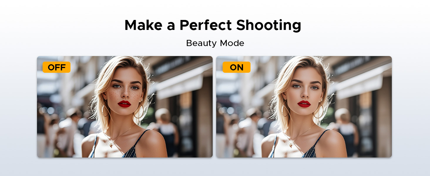 Text reads: 'Make a Perfect Shooting' with 'Beauty Mode' label. Two side-by-side portrait photos of woman showing 'OFF' and 'ON' comparison demonstrating beauty filter effect on facial features and skin smoothing.