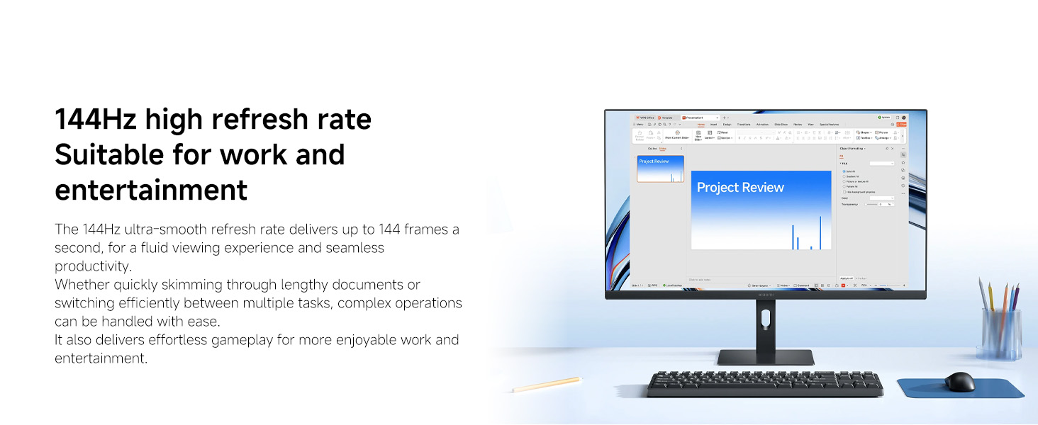 Text reads '144Hz high refresh rate' and 'Suitable for work and entertainment'. Desktop monitor displaying blue interface on white stand with keyboard.