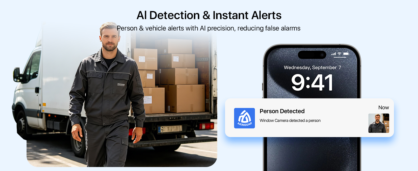 Text reads 'AI Detection & Instant Alerts'. Composite showing delivery person with packages, smartphone displaying 9:41 time with notification, and security alert interface demonstrating parcel detection system.