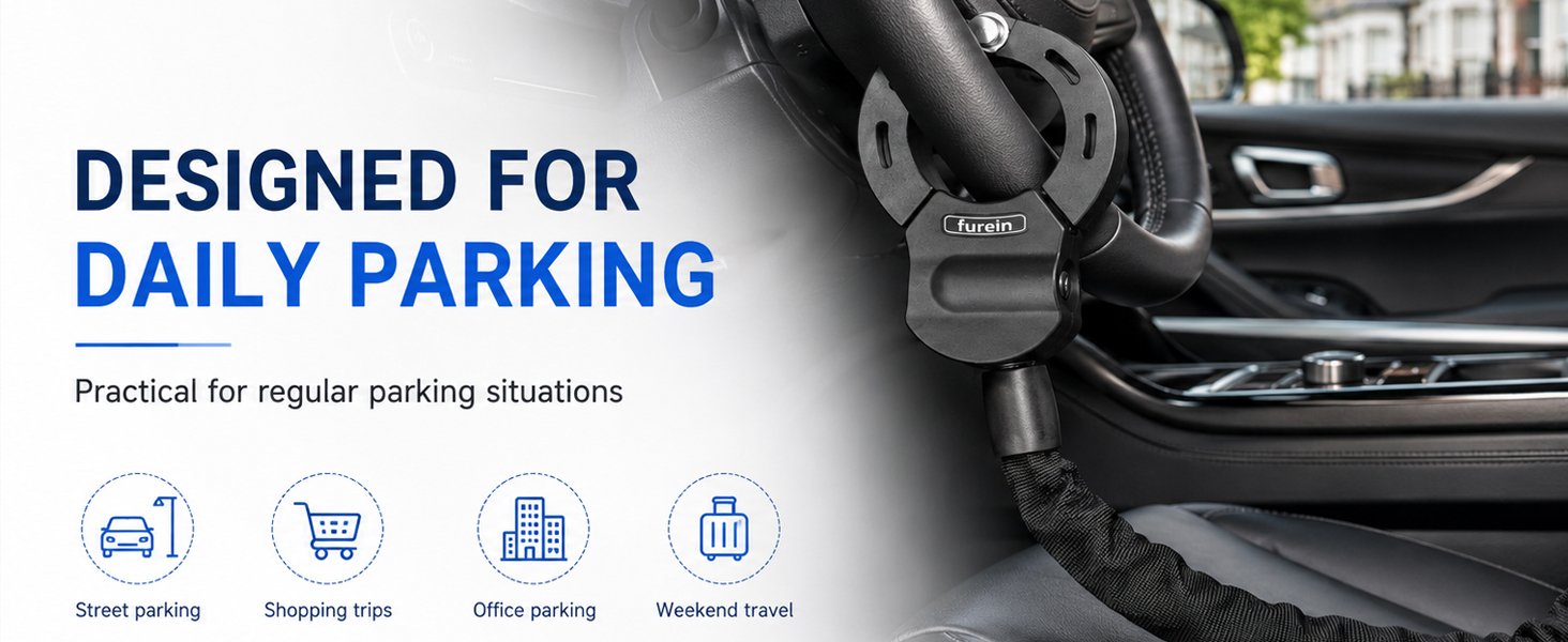 Text reads 'BUILT WITH PRACTICAL MATERIALS' and 'Designed for everyday vehicle security use.' Product showcase displaying coiled black cable with connector, featuring four labeled feature icons highlighting durability specifications.