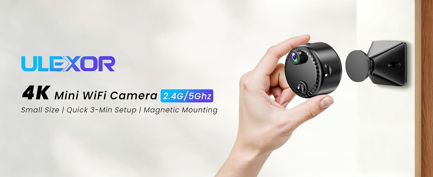 Text reads 'ULEXOR', '4K mini WiFi Camera', and '2.4G/5GHz'. Hand holding compact spherical black camera device with magnetic attachment base.