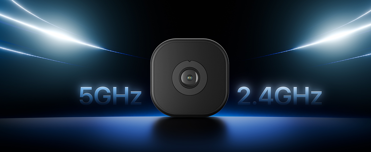 Text reads '5GHz' and '2.4GHz'. Dark spherical wireless device centered on blue illuminated background with stadium lighting, demonstrating dual-frequency technology capabilities.