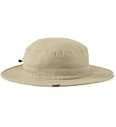 Text reads 'Gill' embroidered on side. Navy blue wide-brimmed bucket hat with black drawstring cord attachment. Utilitarian design with structured crown and compact packable profile for outdoor activities.