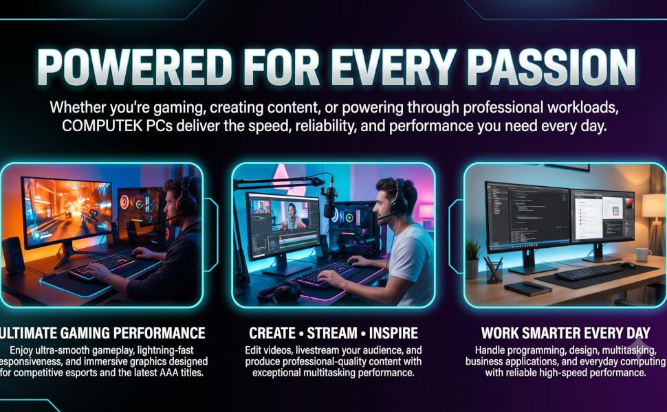Text reads 'PERFORMANCE FROM THE INSIDE'. Computer tower interior with RGB lighting, multiple components labeled with specifications including CPU, RAM, GPU, and cooling systems.