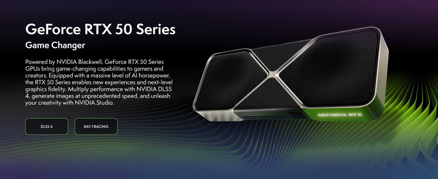 GeForce RTX 50 Series graphics card with angular black and silver design. Green light accents. Showcased against a dark background with green wave patterns.