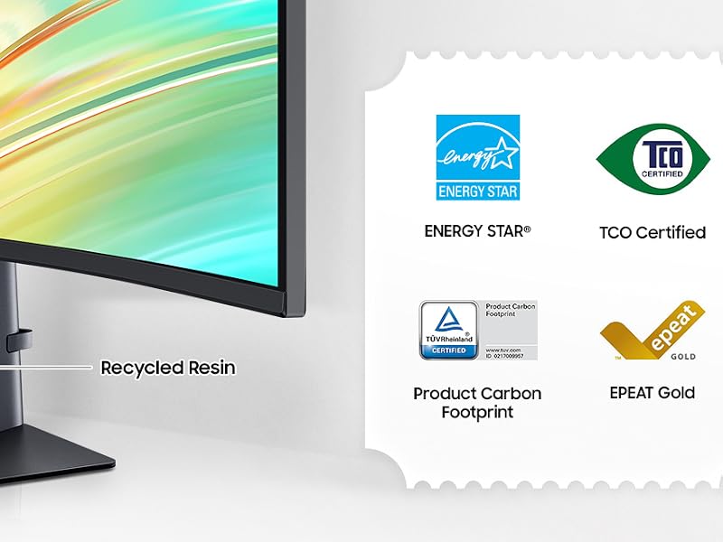 Monitor display with colorful abstract image, accompanied by four certification icons including Energy Star and TCO Certified badges.
