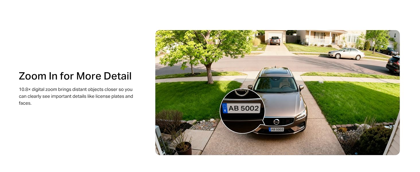 Text reads 'Zoom in for More Detail' with additional smaller text below. Aerial view of white and dark vehicles parked on residential driveway with green lawn.