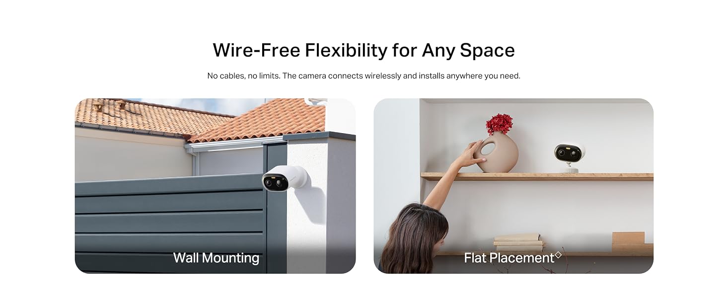 Text reads 'Wire-Free Flexibility for Any Space'. Two panel images showing wall mounting and flat placement applications of flexible product with descriptive labels below each.