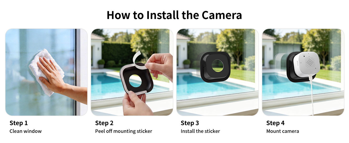 Text reads 'How to Install the Camera, Step 1, Step 2, Step 3, Step 4.' Four-panel instructional guide showing hands installing small cameras in different outdoor locations.