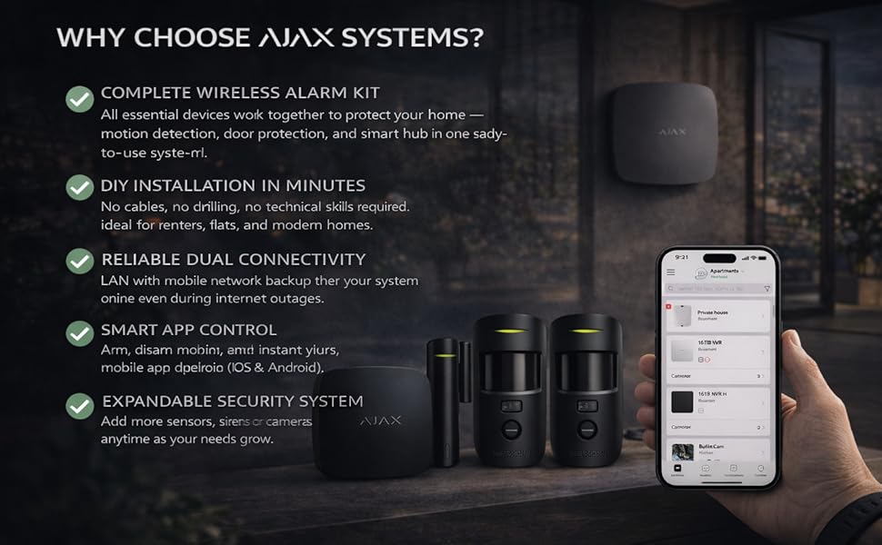 Text reads 'WHY CHOOSE AJAX SYSTEMS?' Dark interface showing smartphone app screens and security system features with multiple informational panels about wireless functionality.