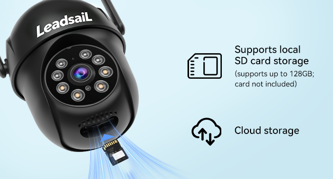 Text reads 'Leadisk' with 'Supports local 50 case storage' and 'Cloud storage' icons. Black dome-shaped device with purple illuminated buttons shown.