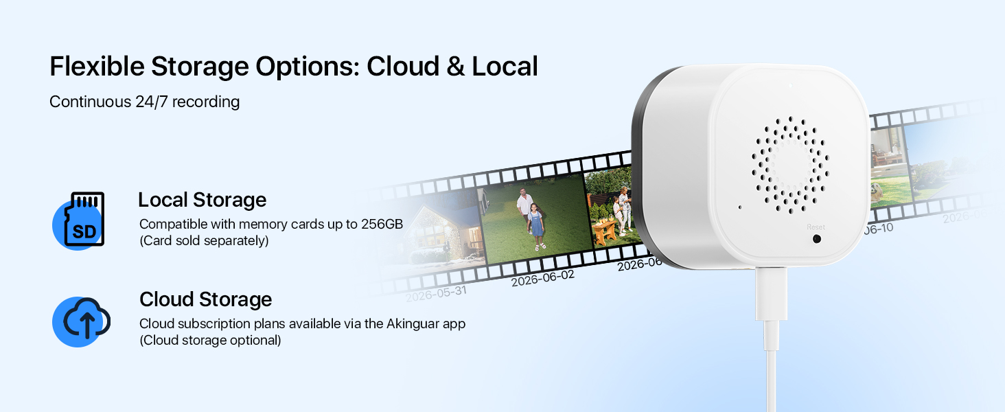 Text reads 'Flexible Storage Options: Cloud & Local' and 'Continuous 24/7 recording.' Gray cylindrical camera device with film strip graphic showing cloud and local storage capabilities with dual blue-icon options.